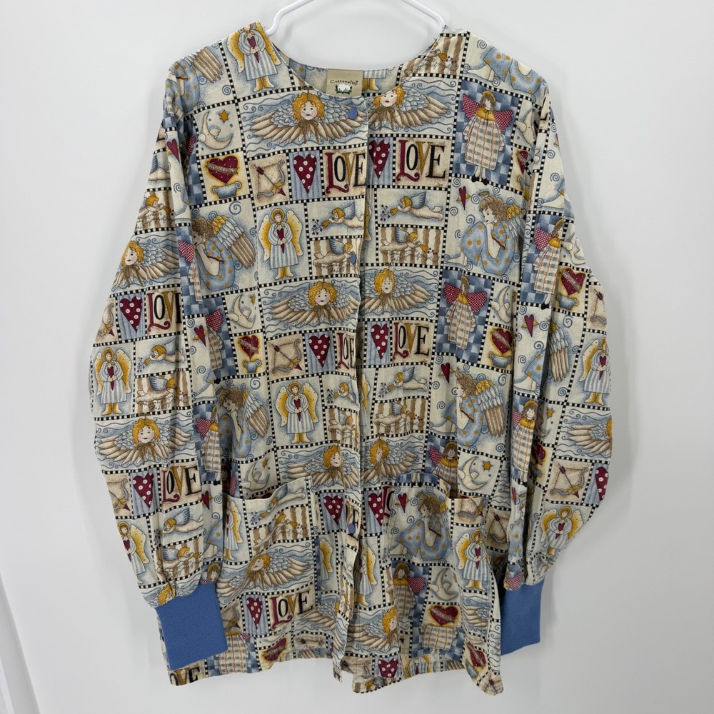 Vintage Cottonality Scrub snap Jacket Angel Love Print Size XL Nursing granny